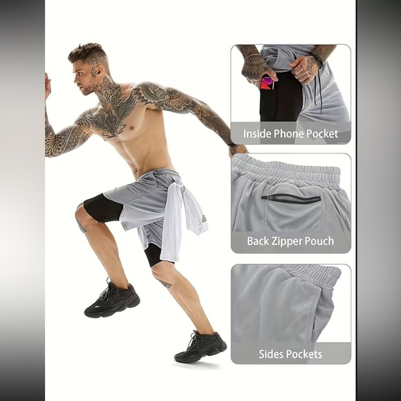 Men gray camo double layer gym workout shorts with inner pocket - Picture 5 of 16